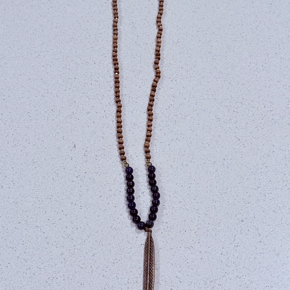 Brown and Blue Beaded Necklace with Feather Pendant